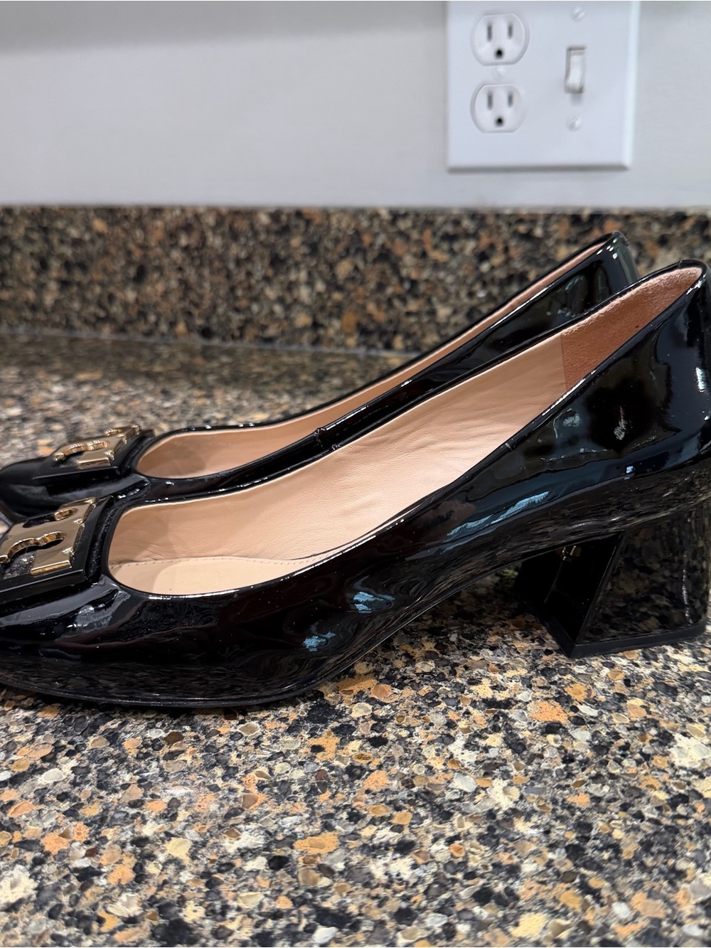 Tory Burch Black Patent Leather Block Heel Pumps with Gold Logo Accent